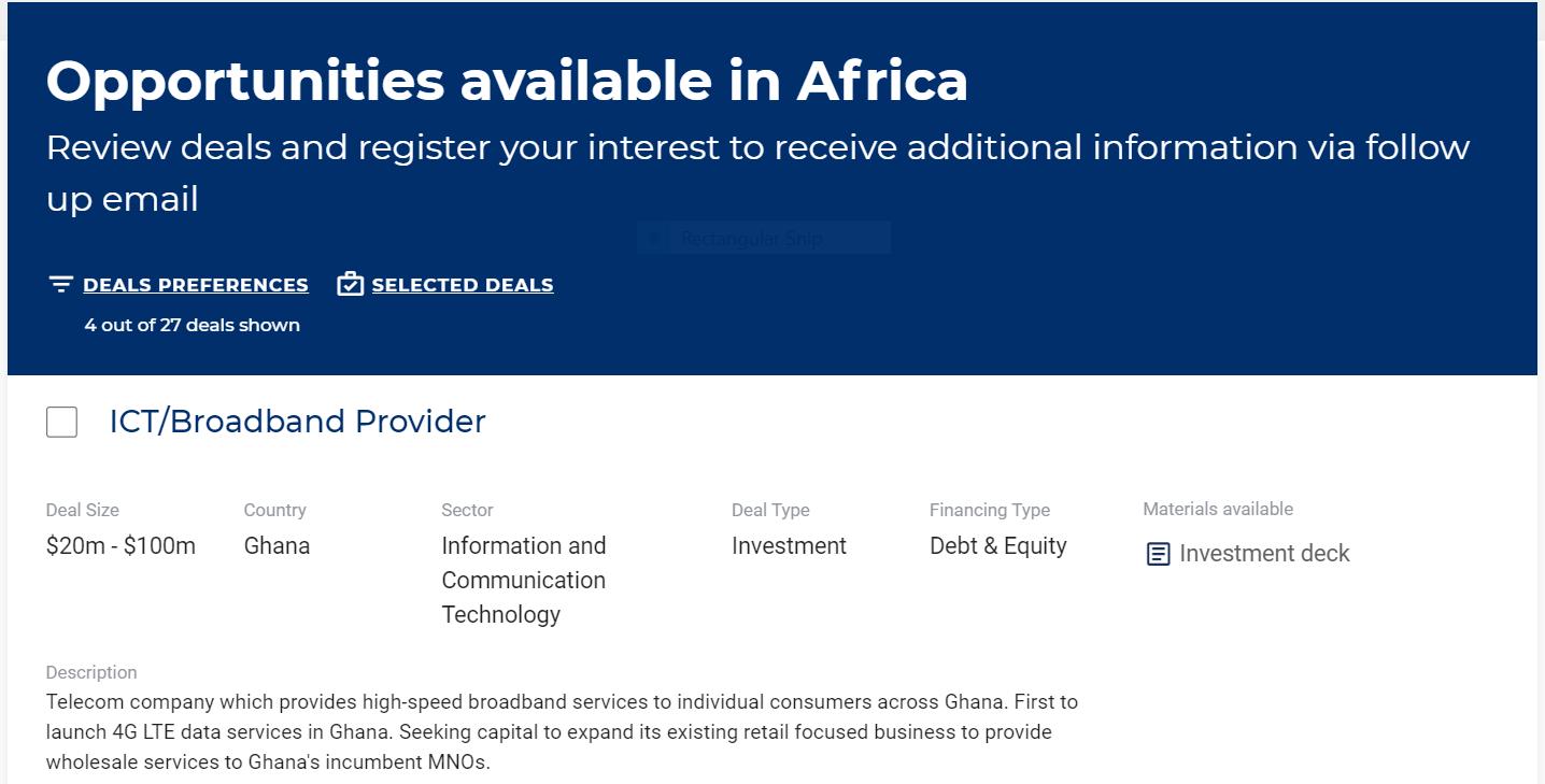Screenshot of the Prosper Africa Virtual Deal Room